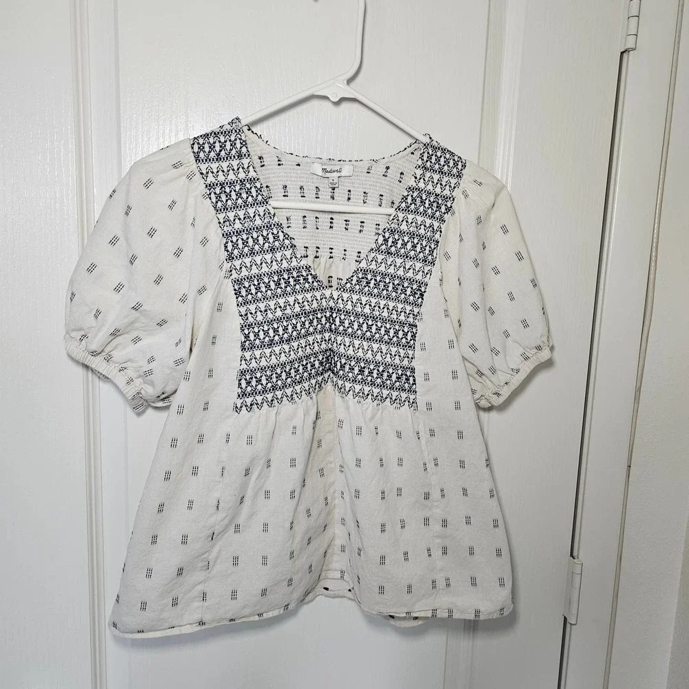 Madewell Embroidered-Yoke Top in Clipdot White Sz Small
